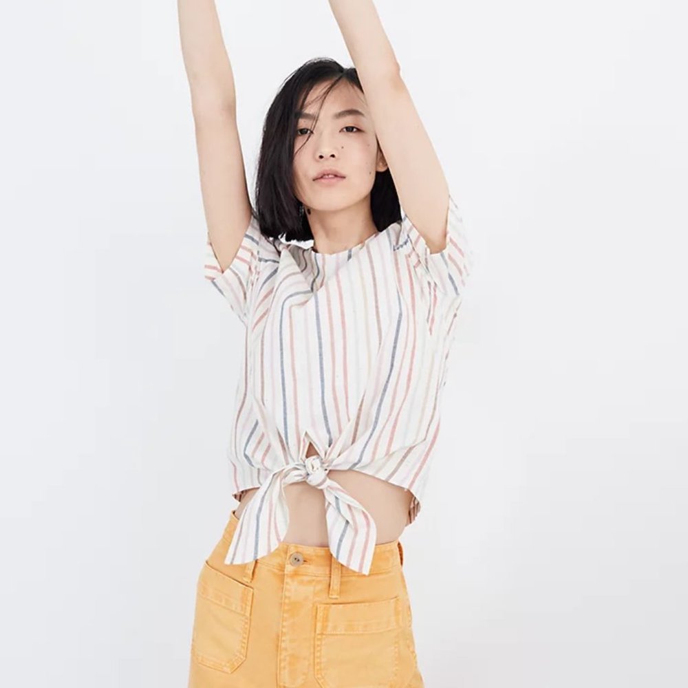 Button-Back Tie Tee in Rainbow Stripe